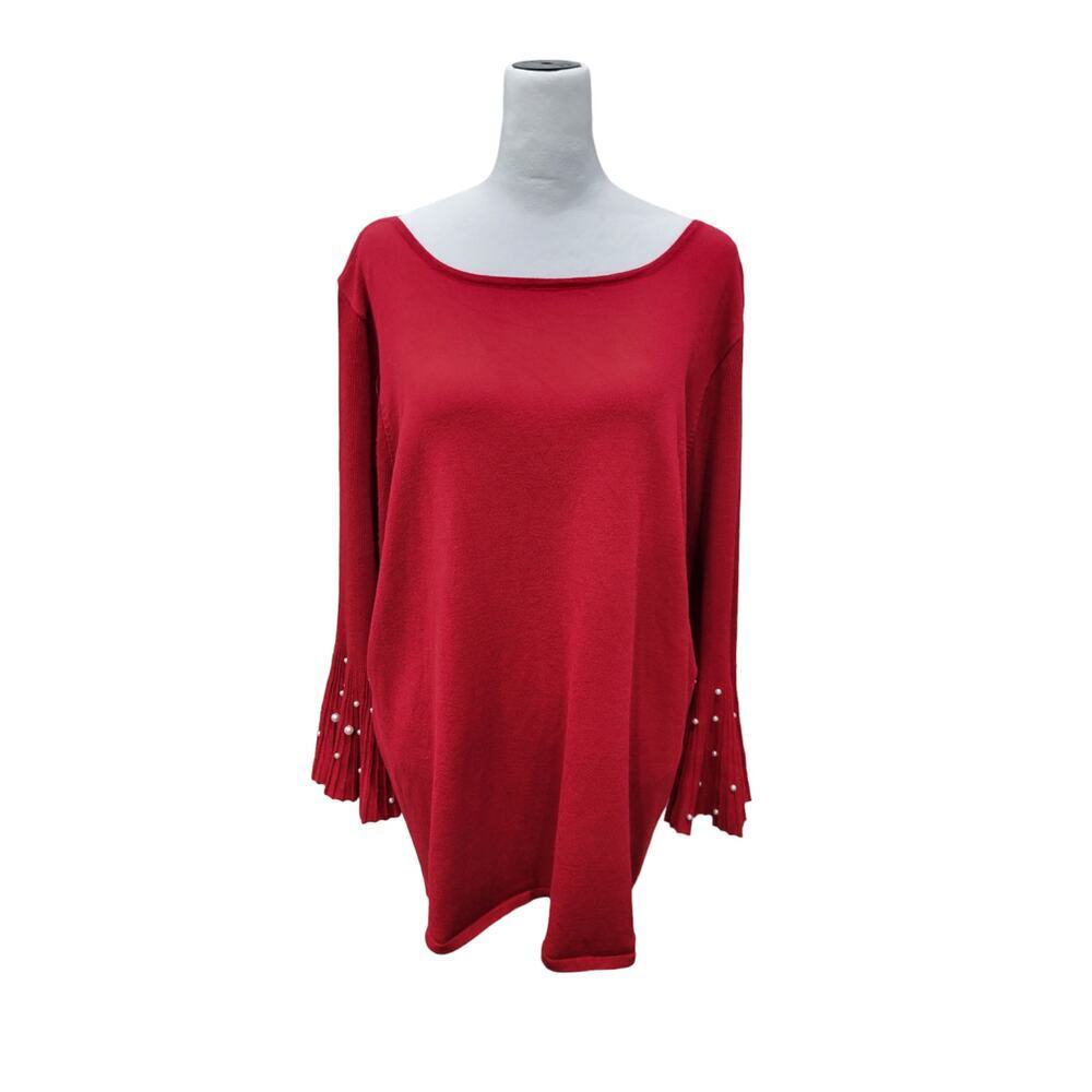 Cyrus Wom'ens Pearl Embellished Bell Sleeve Top Size 1x Red
